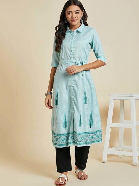 ramas blue cotton printed a line kurta