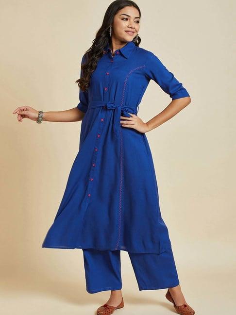 ramas blue embroidered kurta palazzo set