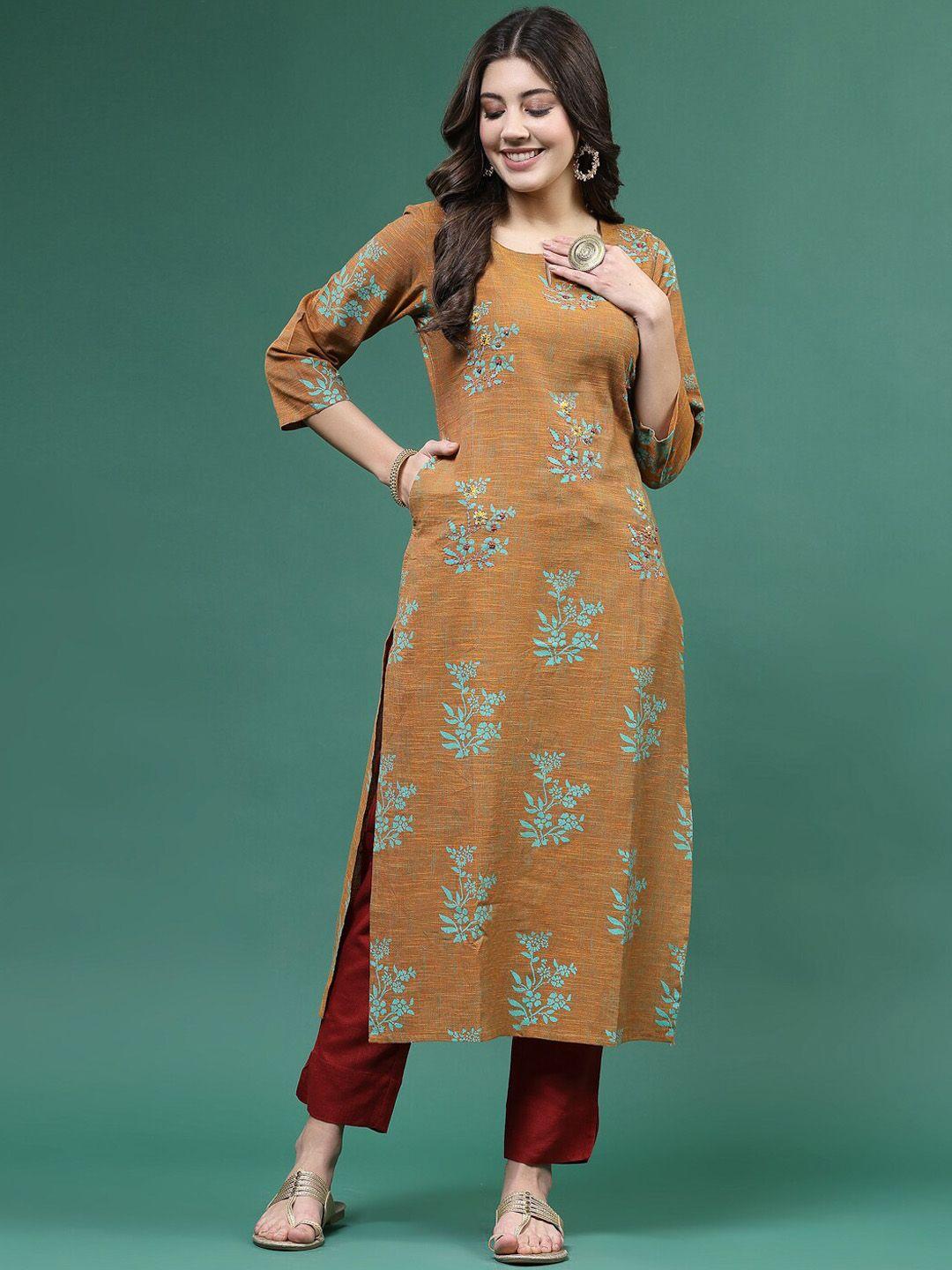 ramas embroidered floral printed cotton straight kurta