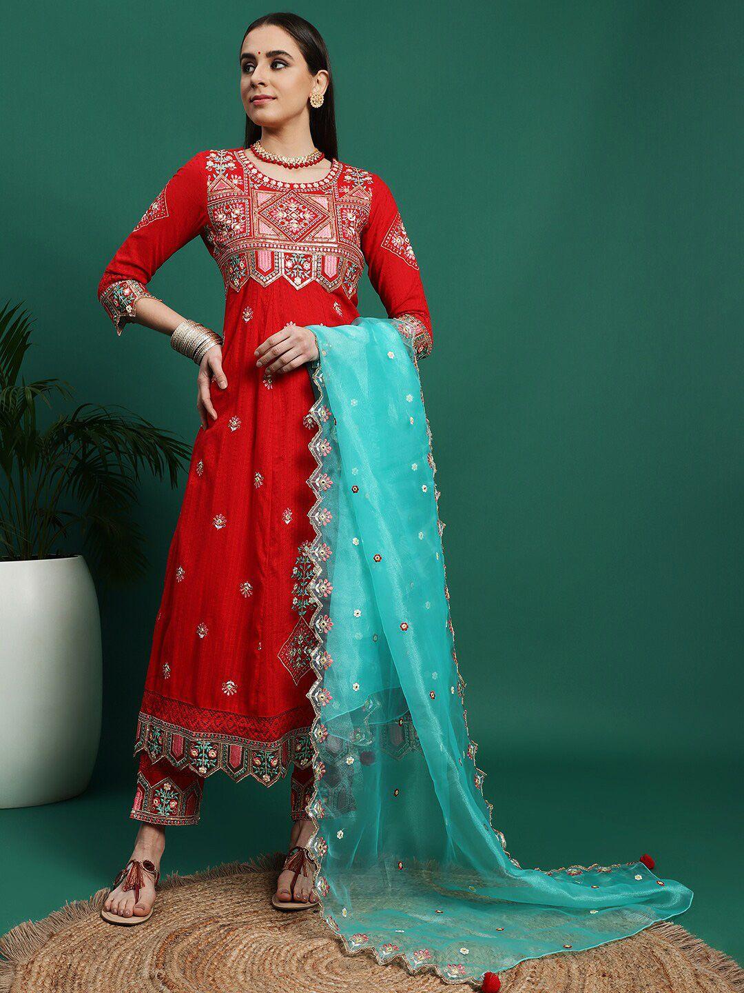 ramas ethnic motifs embroidered thread work cotton a-line kurta & trousers with dupatta