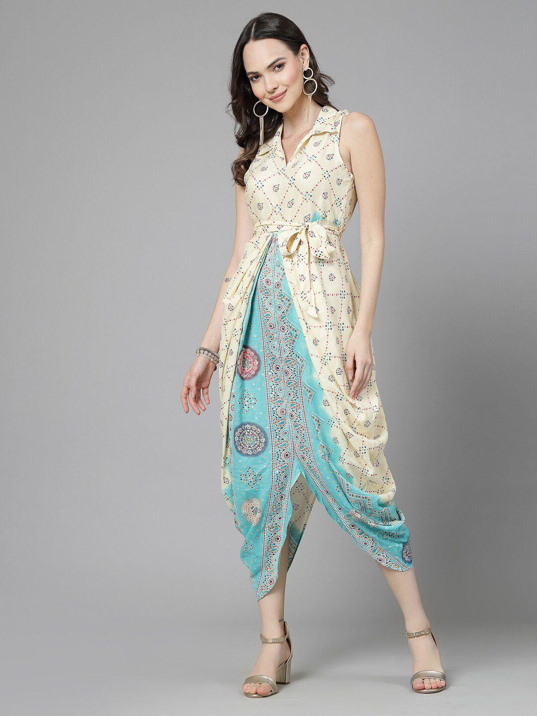 ramas ethnic motifs printed shirt collar dhoti styled midi dress