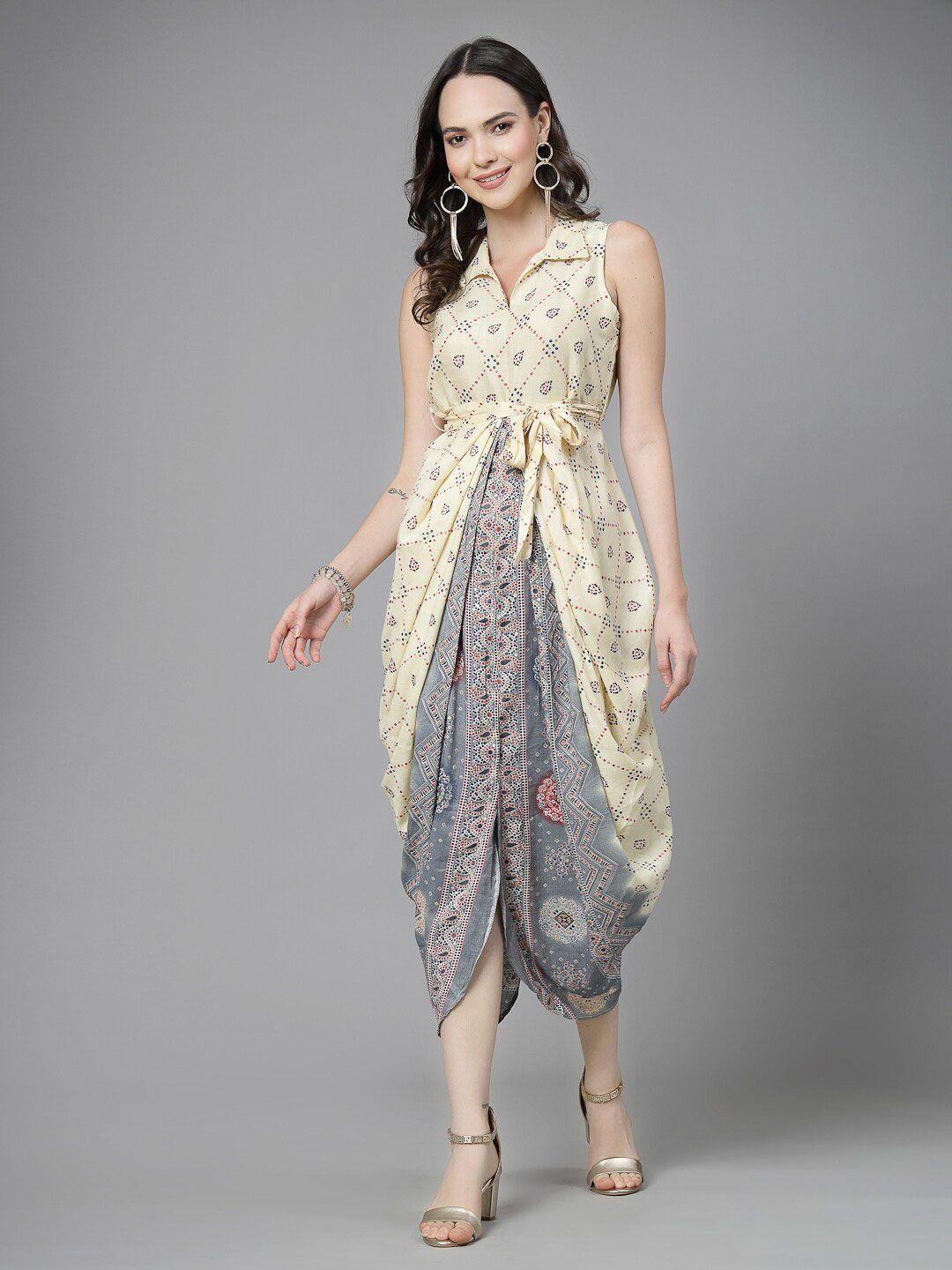 ramas ethnic motifs printed shirt collar dhoti styled midi dress