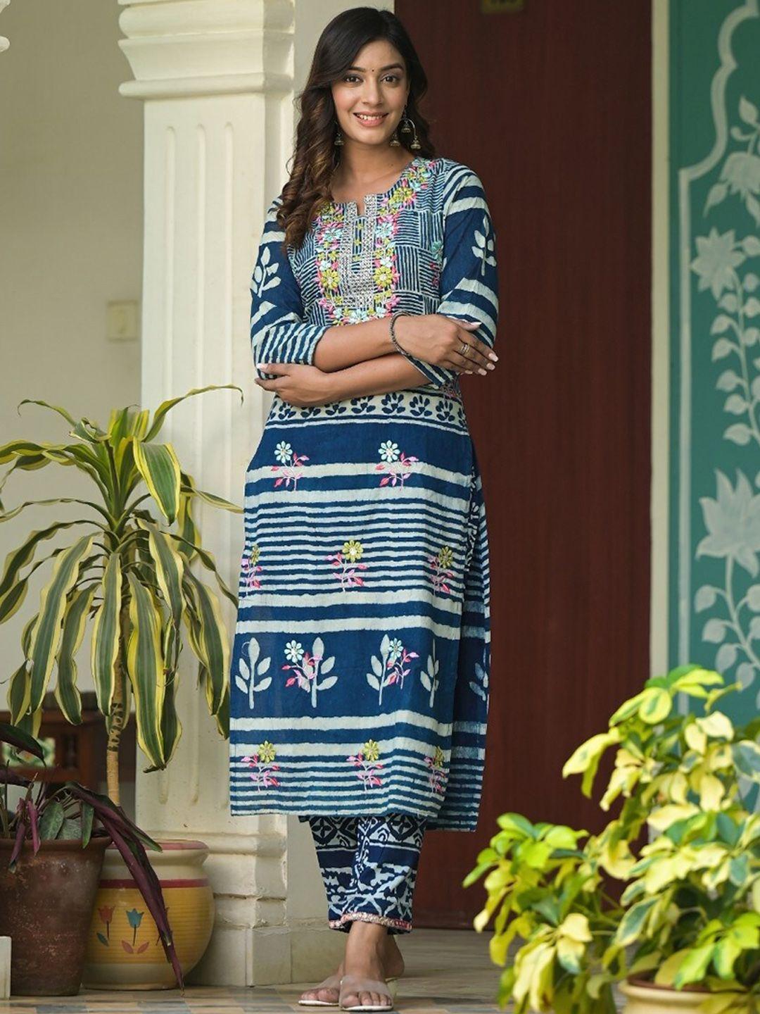 ramas ethnic motifs printed thread work sequinned pure cotton kurta with trousers