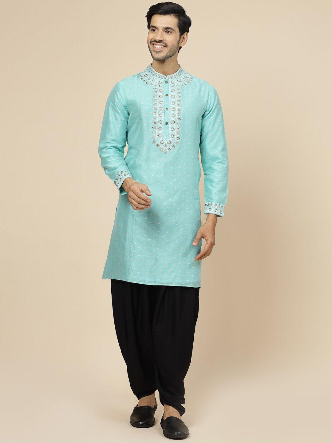 ramas ethnic motifs woven design mandarin collar thread work chanderi silk straight kurta