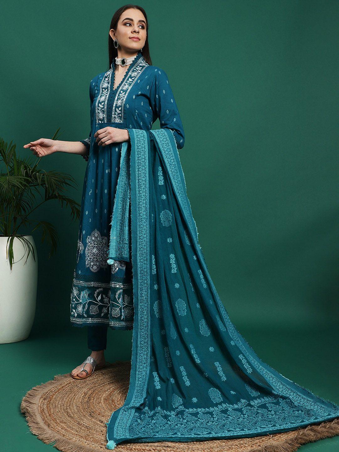 ramas floral embroidered empire thread work pure cotton kurta with trousers & dupatta