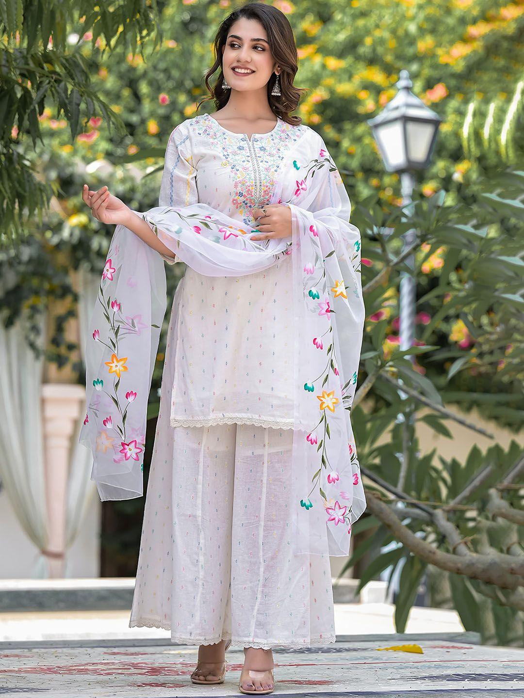 ramas floral embroidered pure cotton kurta with palazzos & dupatta