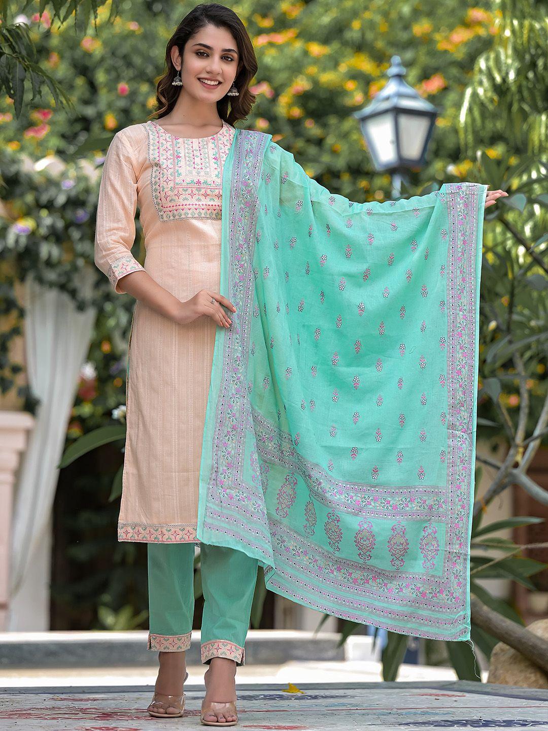 ramas floral embroidered regular sequinned pure cotton kurta with trousers & dupatta