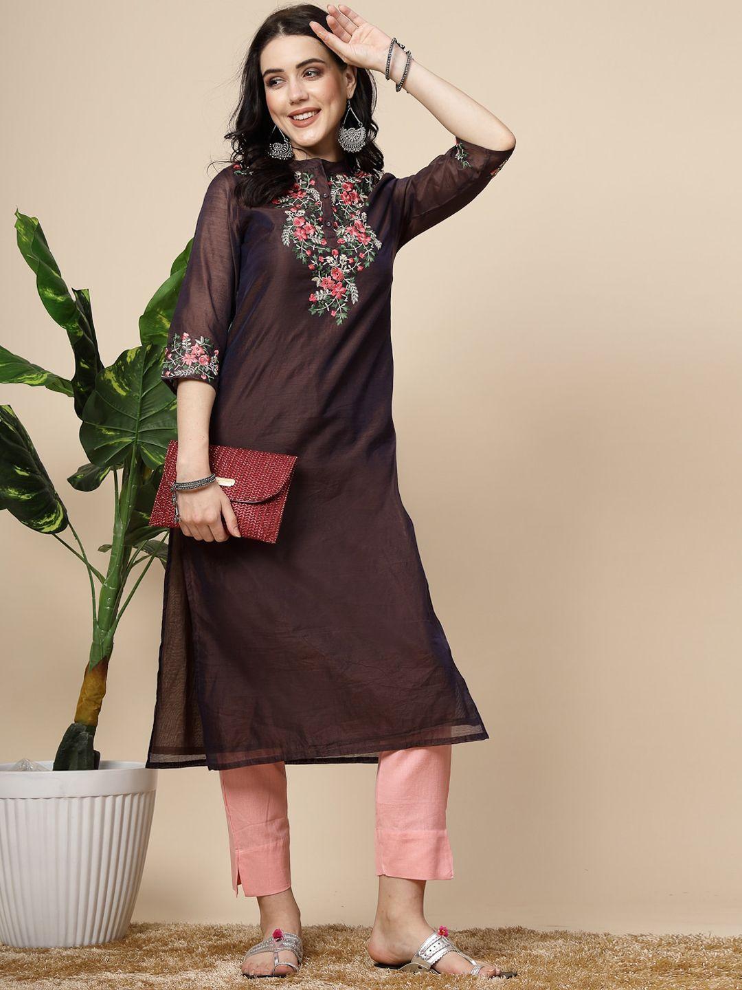 ramas floral embroidered round neck chanderi silk kurta