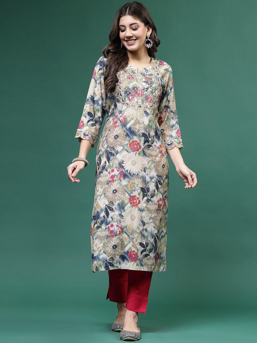 ramas floral embroidered scalloped sleeves sequinned straight kurta