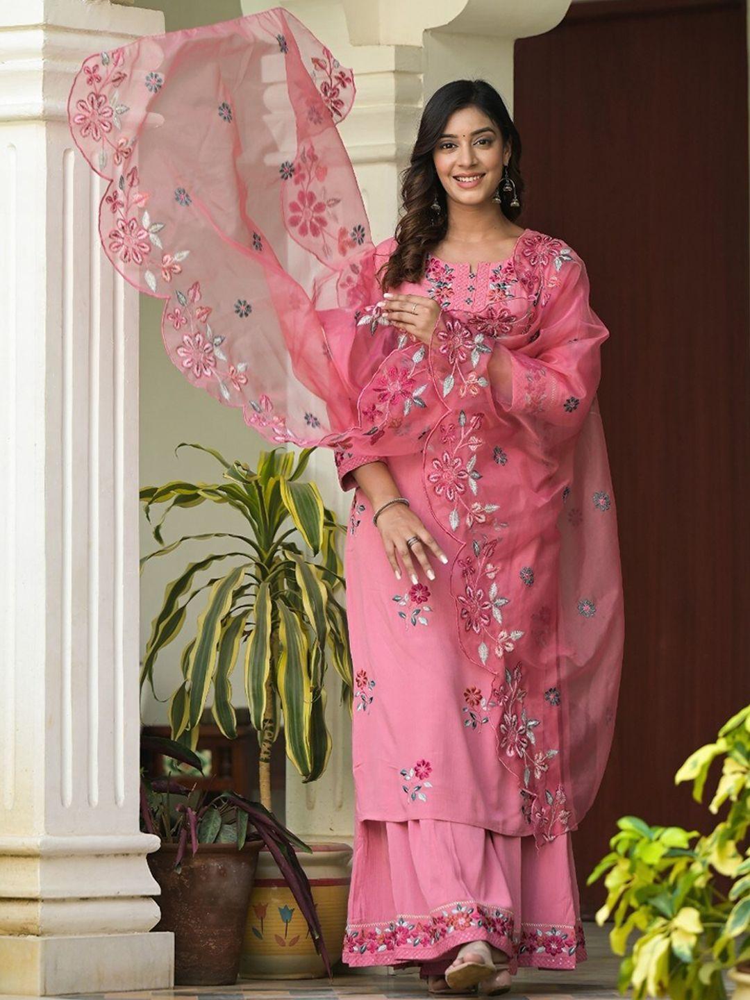 ramas floral embroidered sequinned kurta with palazzos & dupatta
