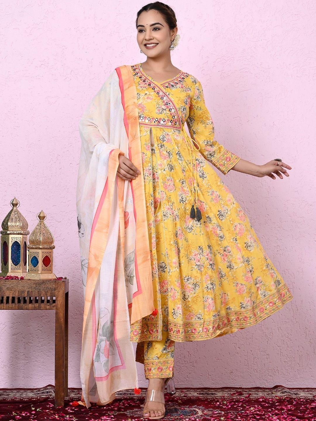 ramas floral printed angrakha mirror work pure cotton kurta with trousers & with dupatta