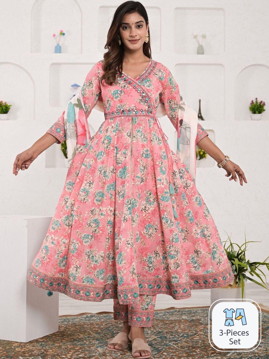 ramas floral printed angrakha pure cotton anarkali kurta & trousers with dupatta