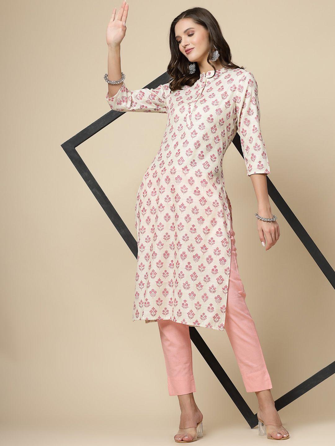 ramas floral printed mandarin collar straight cotton kurta