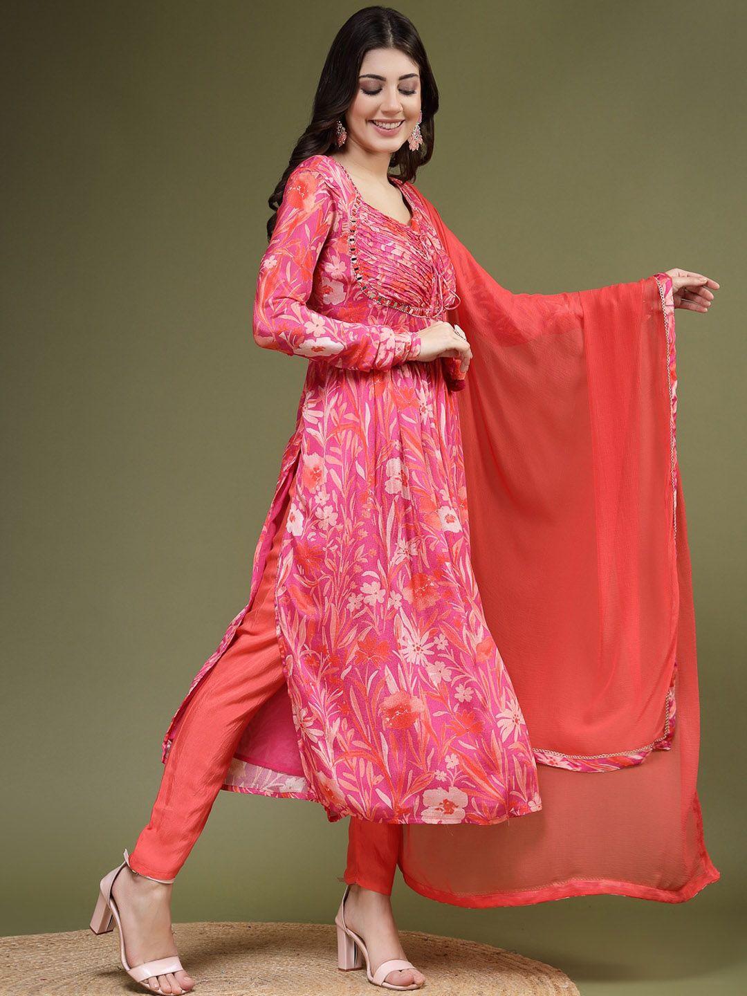 ramas floral printed mirror work detailed straight kurta & trouser with dupatta