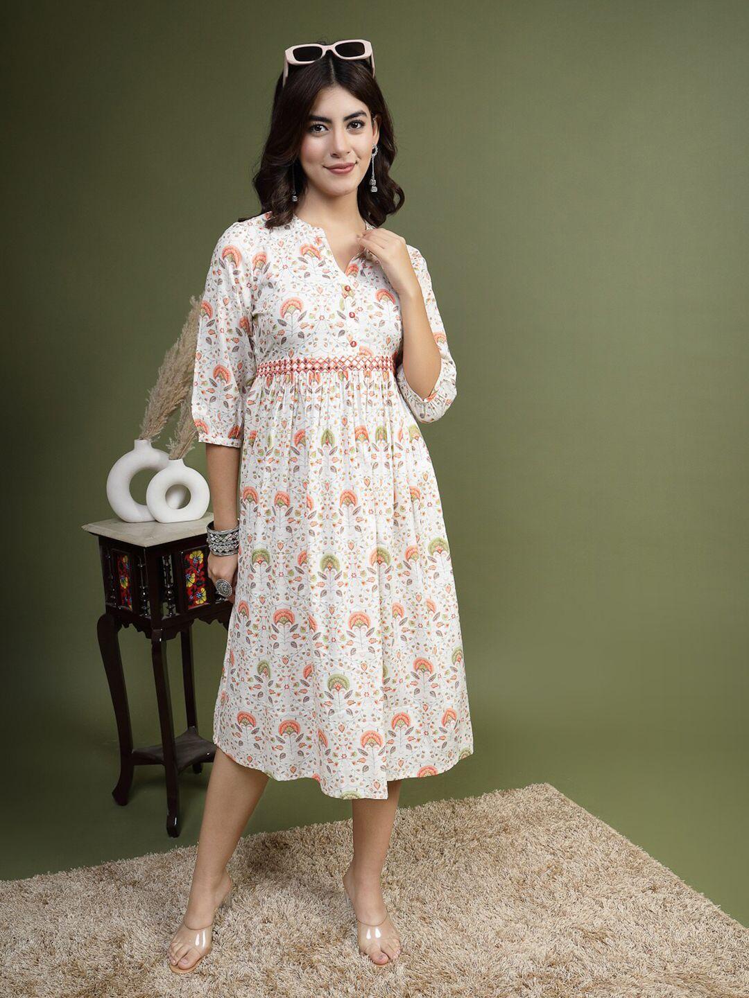 ramas floral printed puff sleeves cotton a-line midi dress