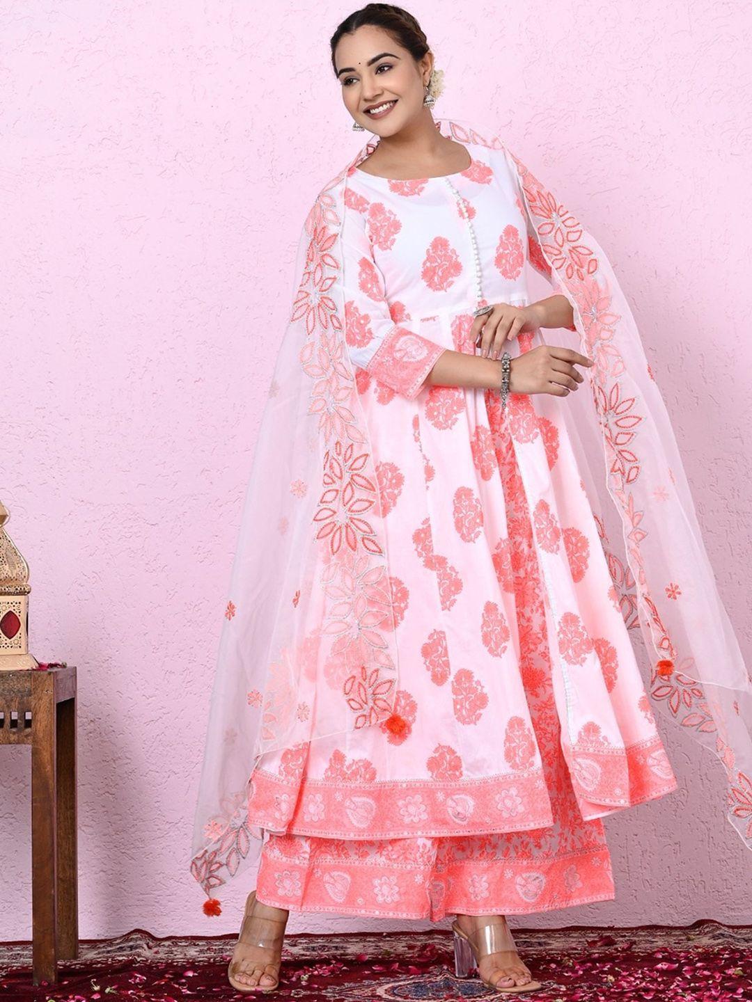 ramas floral printed pure cotton anarkali kurta with palazzos & with dupatta