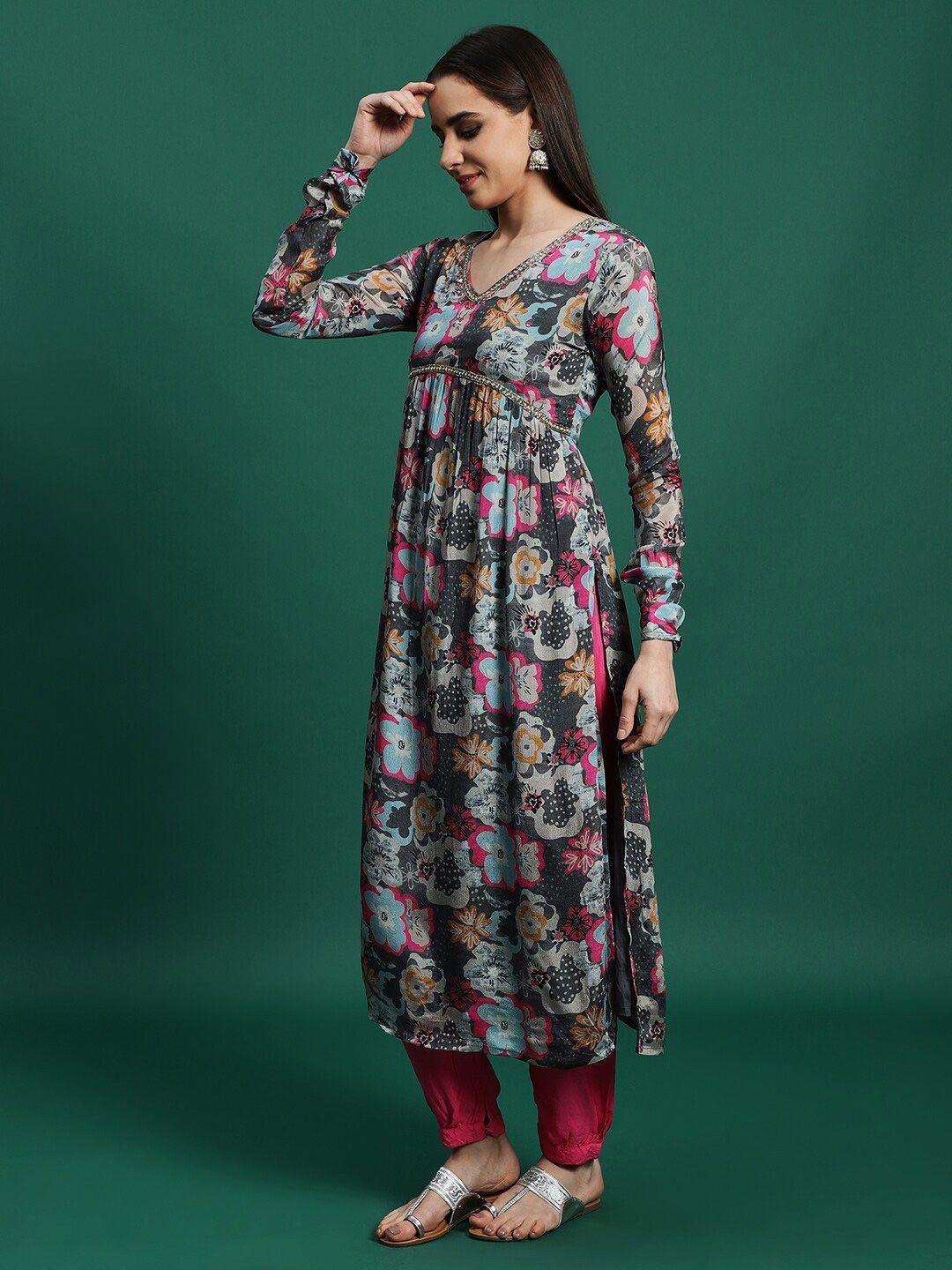 ramas floral printed v-neck thread work straight kurta with trousers & with dupatta