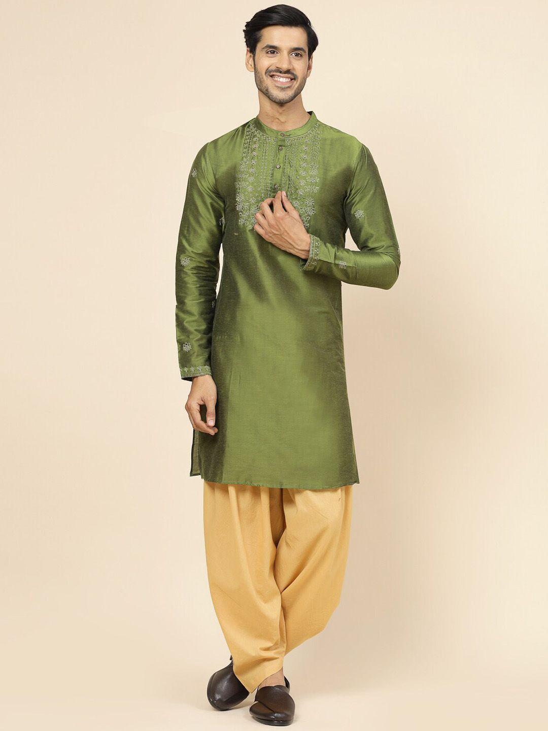 ramas floral yoke design band collar regular kurta