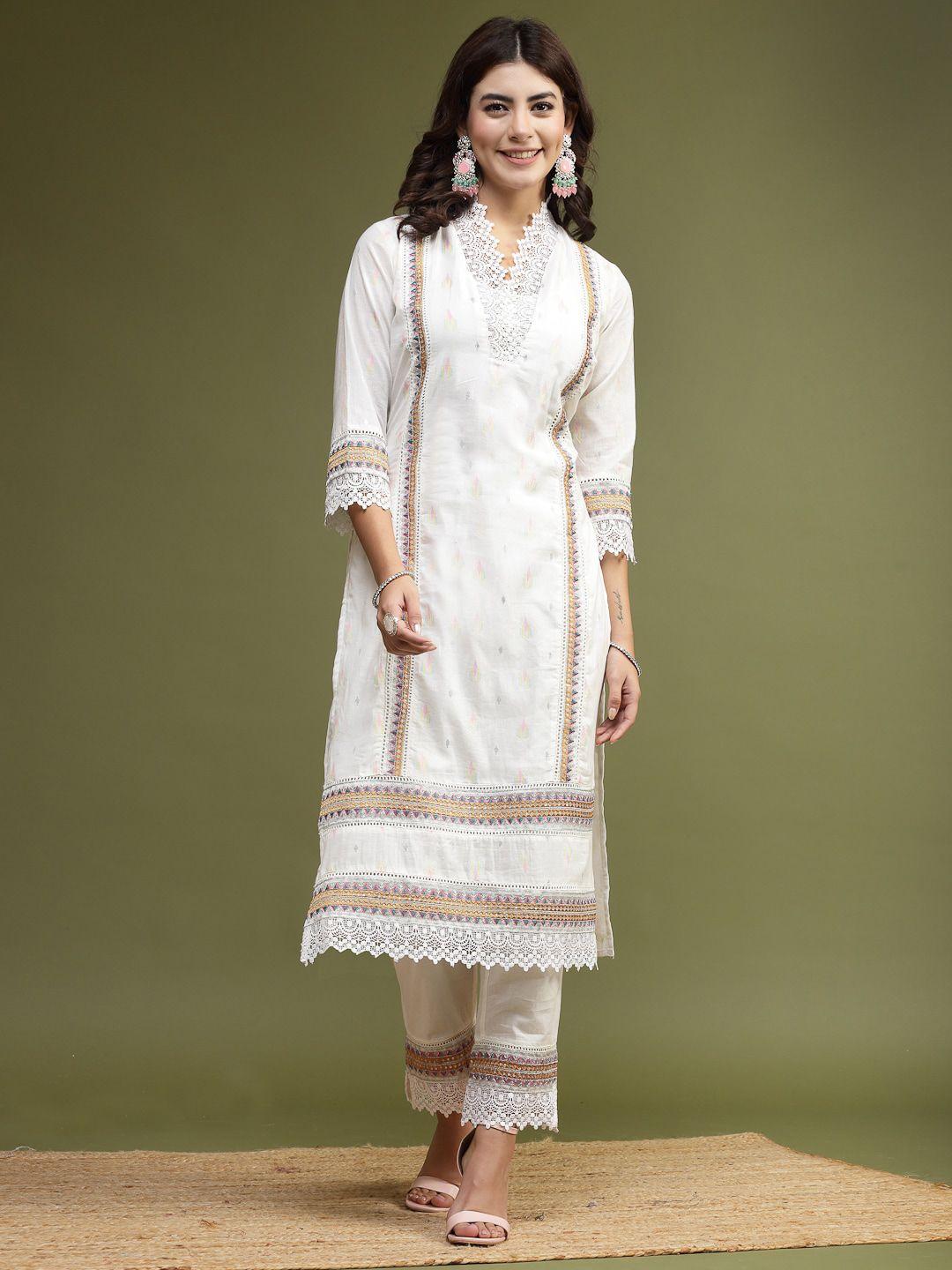 ramas geometric woven design v-neck gotta patti pure cotton kurta with trousers