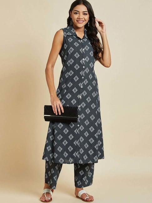 ramas grey floral print kurta palazzo set