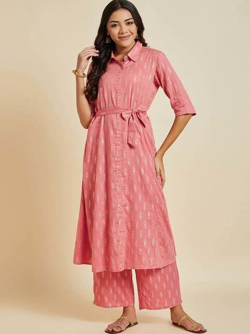 ramas peach cotton printed kurta palazzo set