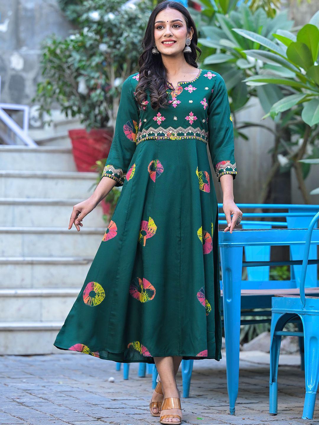 ramas printed notched neck embroidered midi a-line ethnic dress