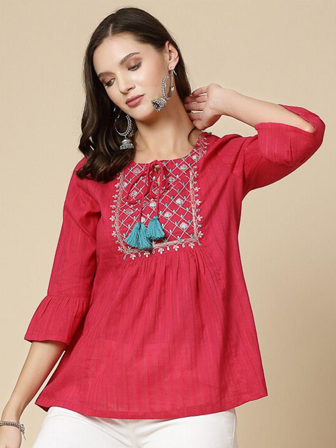 ramas tie-up neck bell sleeves embroidered a-line cotton top