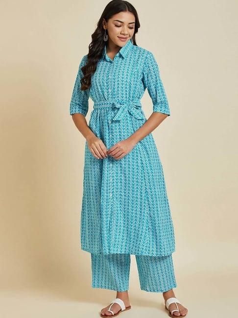 ramas turquoise cotton printed kurta palazzo set