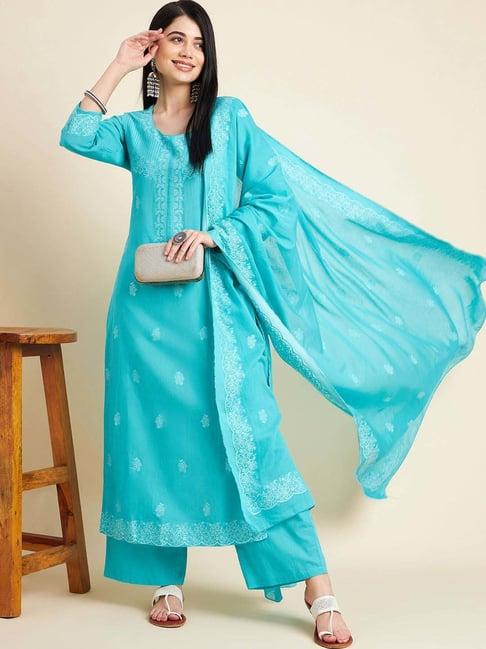 ramas turquoise printed kurta palazzo set with dupatta