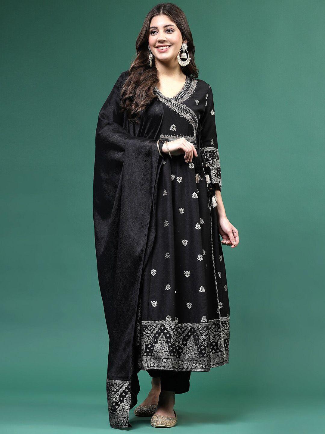 ramas women black embroidered angrakha mirror work kurta with trousers & with dupatta