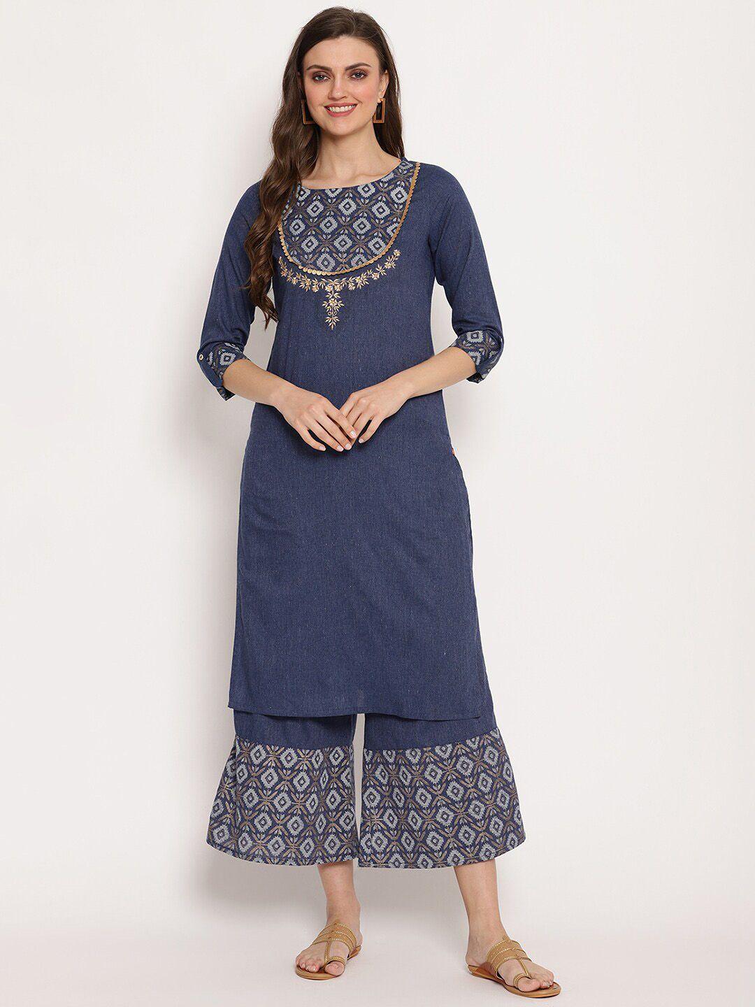 ramas women blue yoke design kurta with palazzos