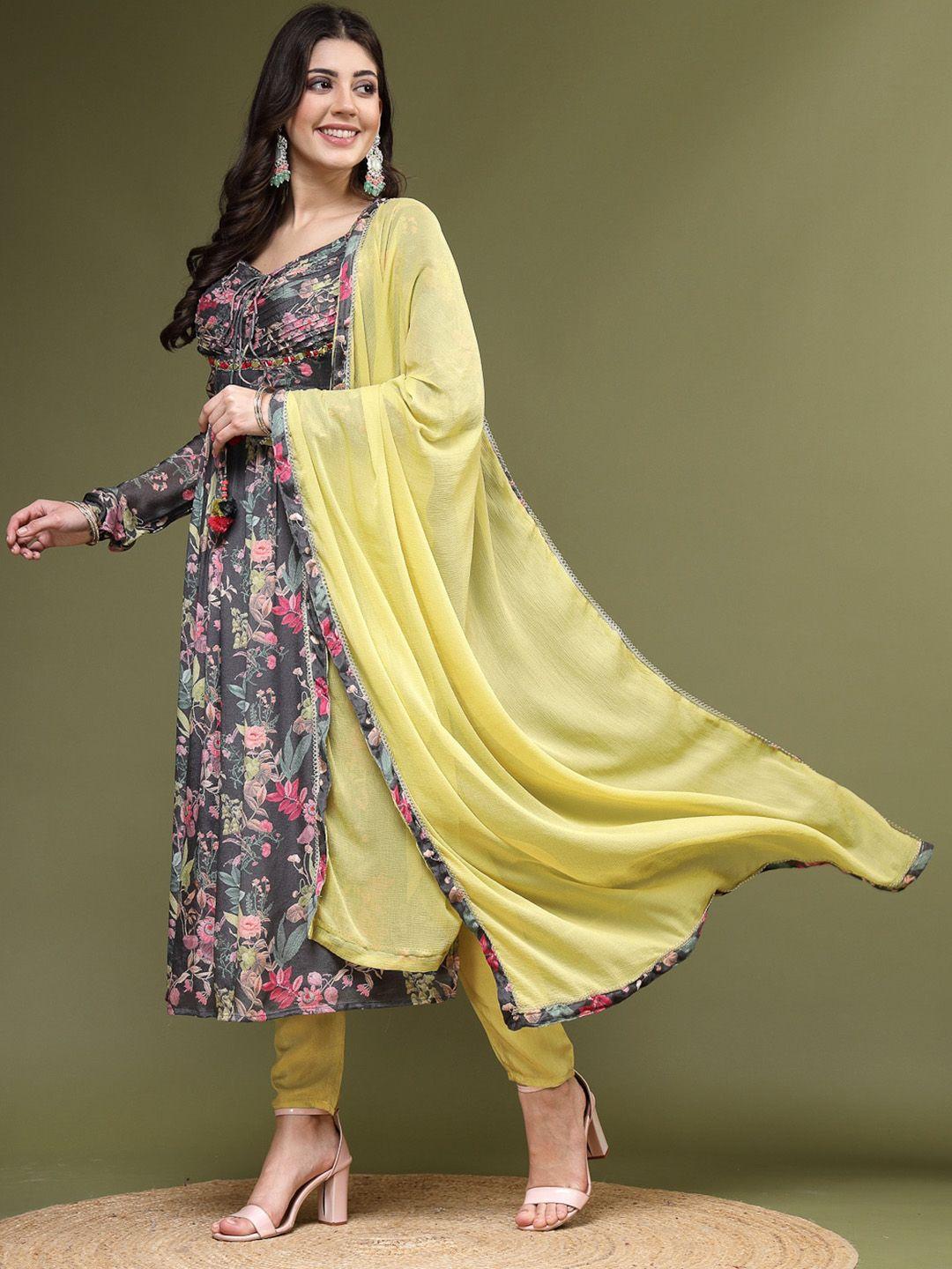 ramas women grey floral embroidered high slit mirror work kurta with trousers & with dupatta