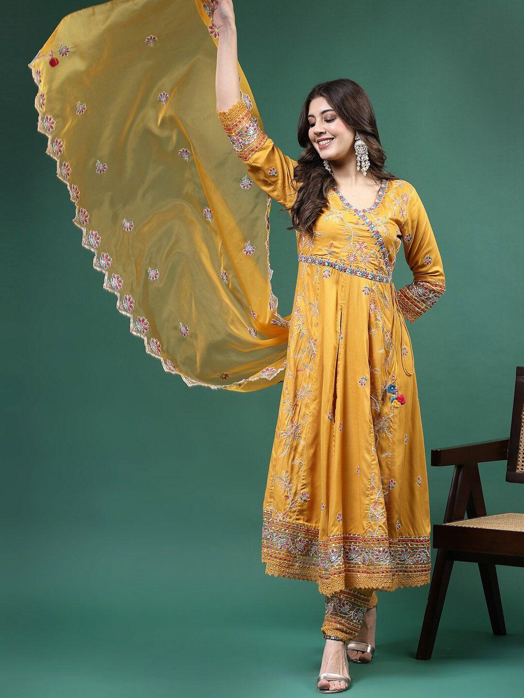 ramas women mustard yellow embroidered angrakha mirror work kurta with trousers & with dupatta