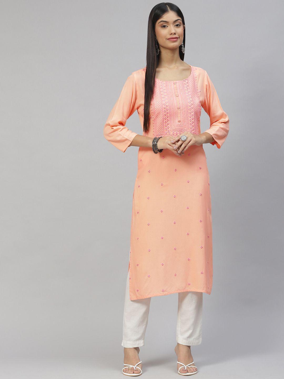 ramas women peach-coloured yoke design kurta