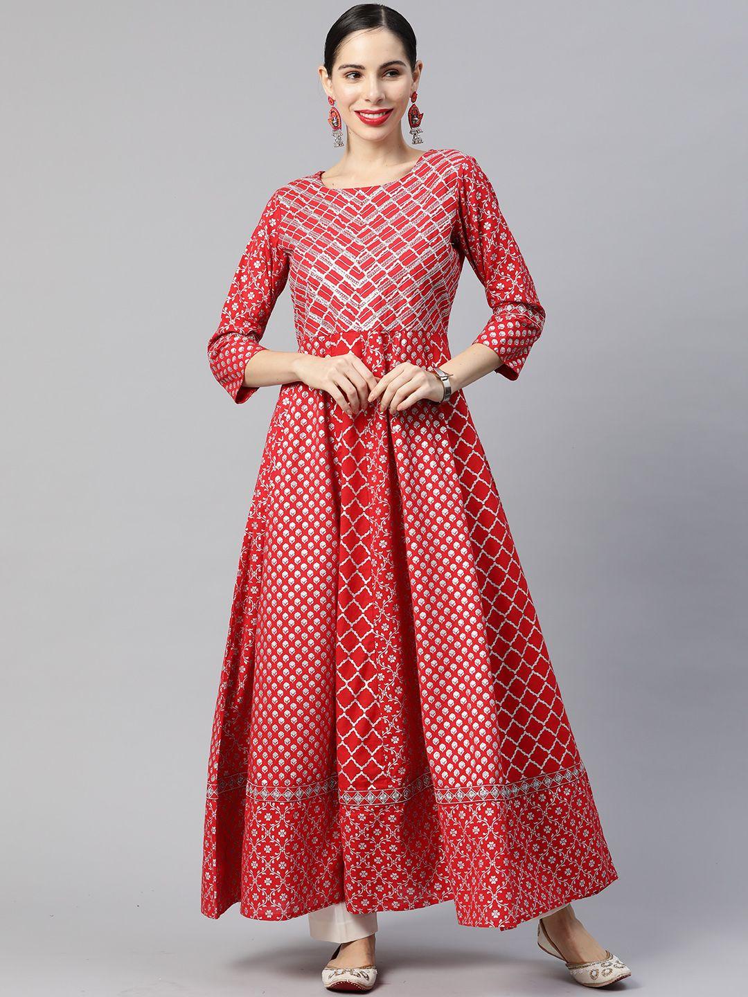ramas women red & white ethnic motifs thread work cotton anarkali kurta