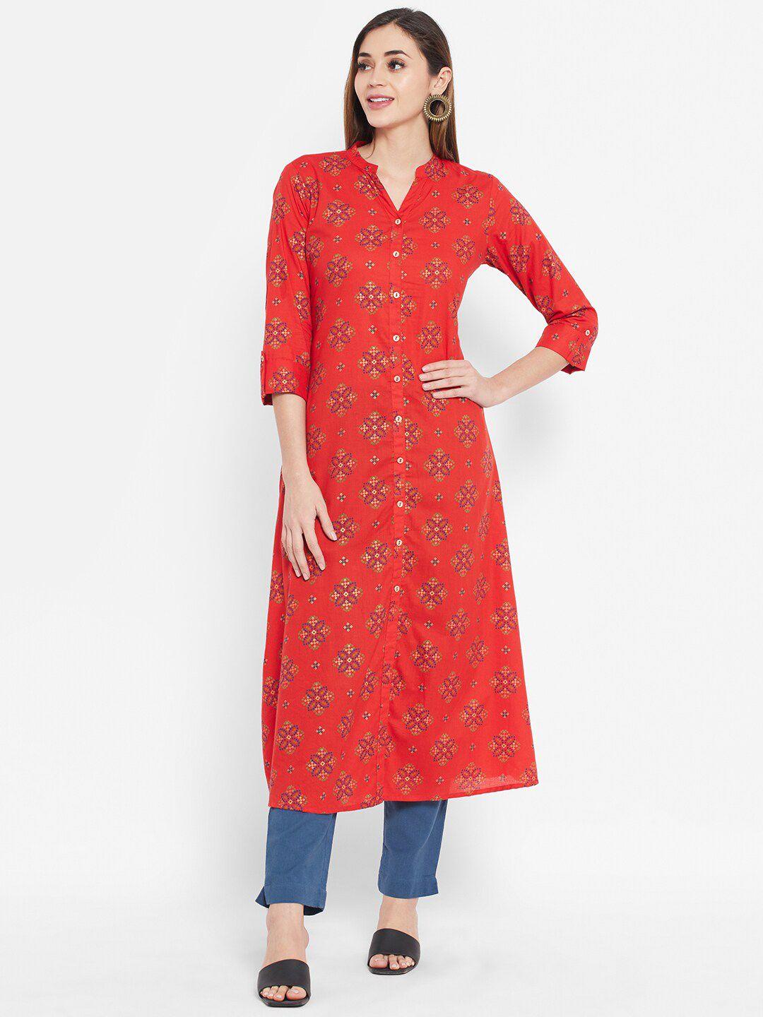 ramas women red bandhani printed band collar roll-up sleeves viscose rayon a-line kurta