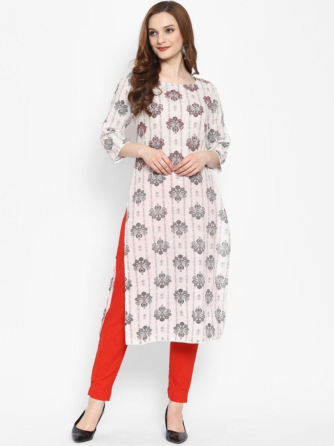 ramas women white floral printed pure cotton kurta with trousers