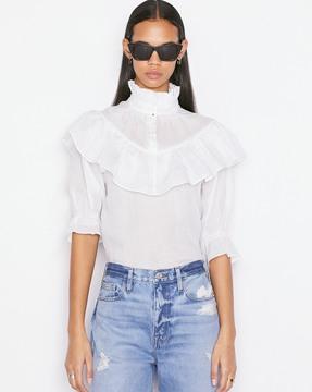 ramie fitted top with ruffle accent