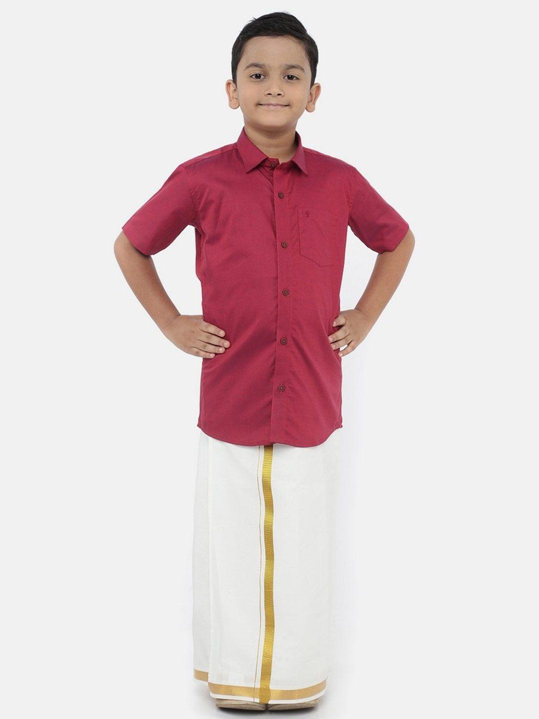 ramraj boys maroon & white pure cotton shirt with dhoti