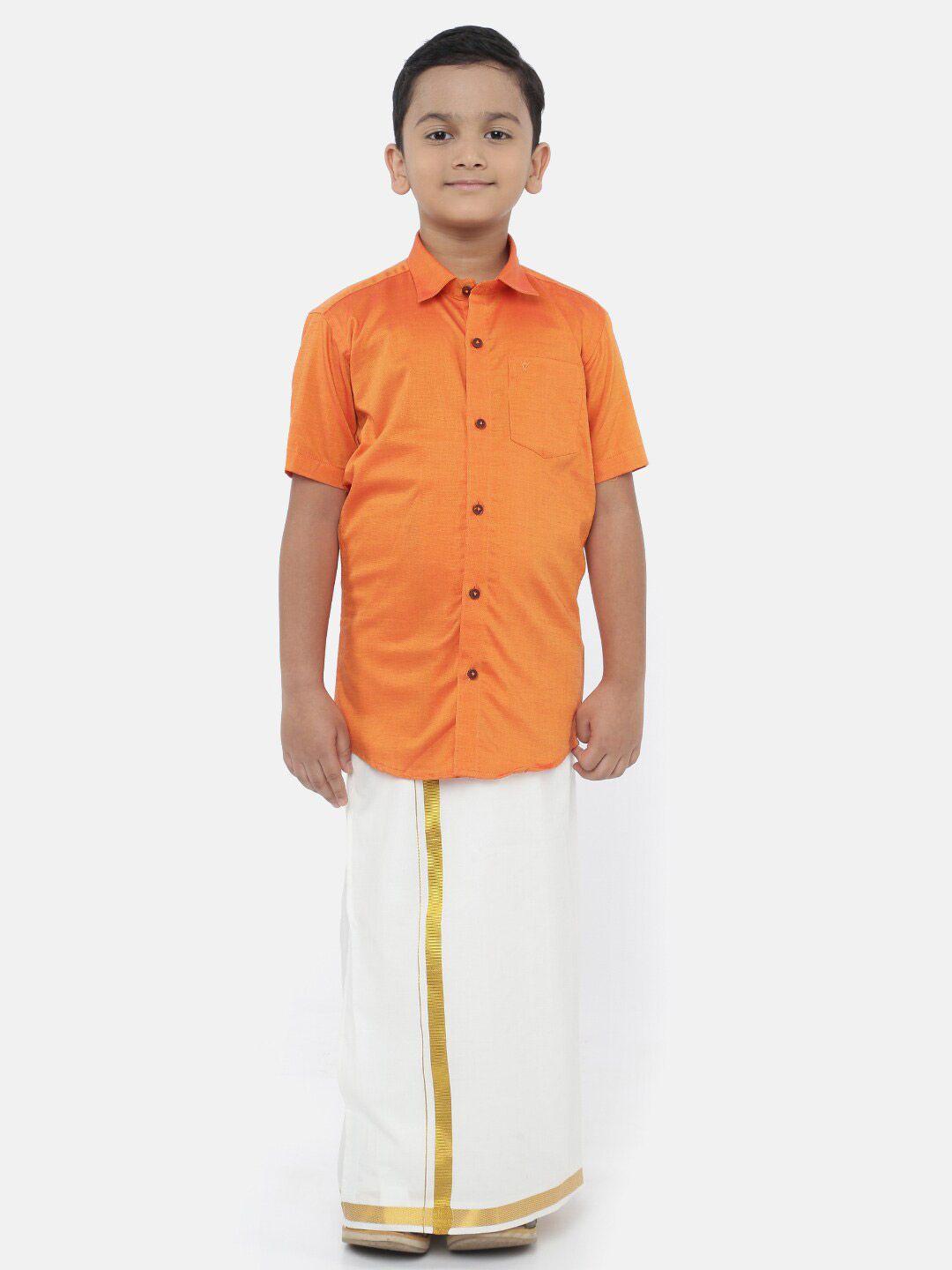 ramraj-boys-orange-&-white-pure-cotton-shirt-with-dhoti