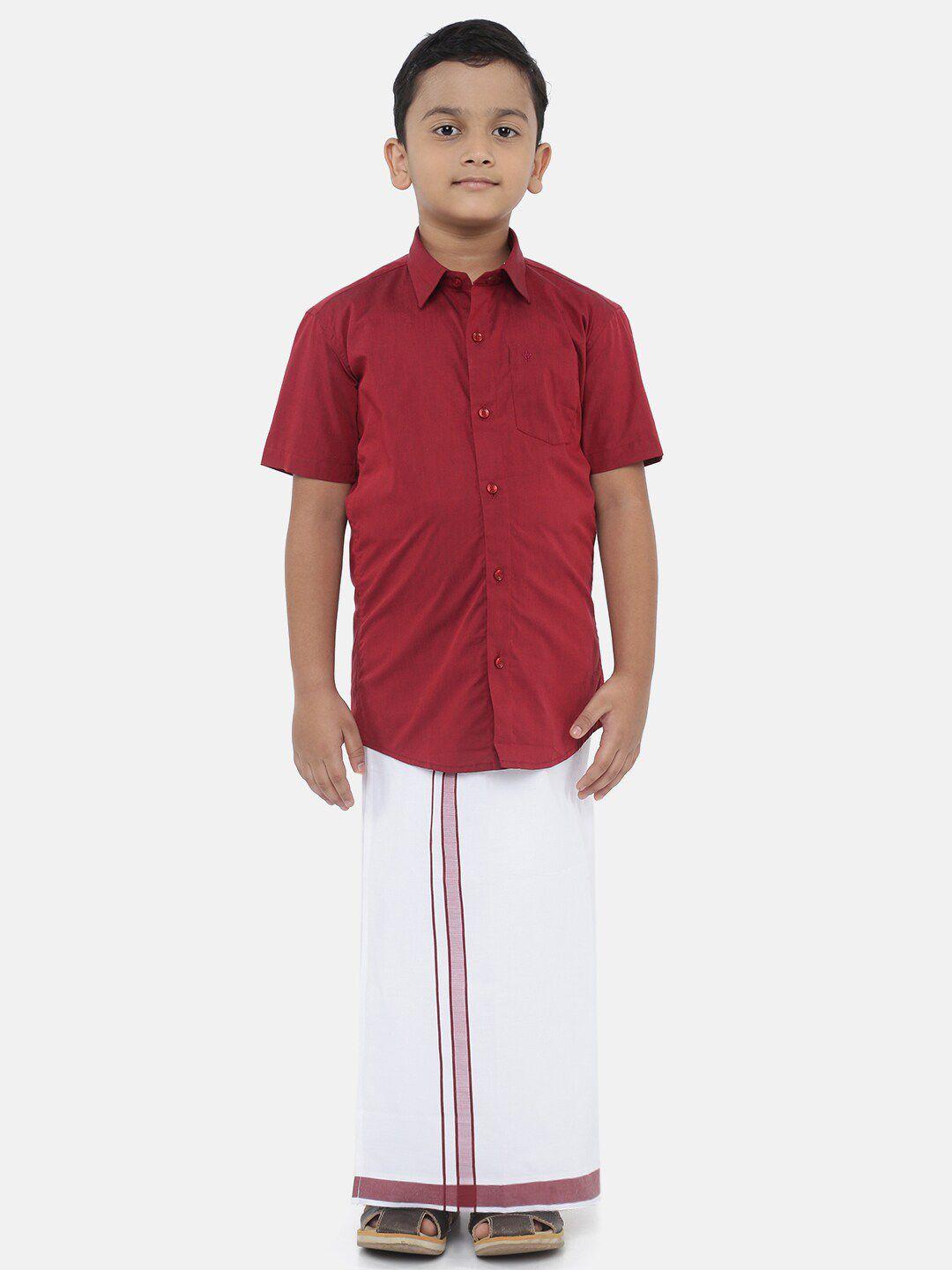 ramraj boys pure cotton red ethnic shirt with white dhoti