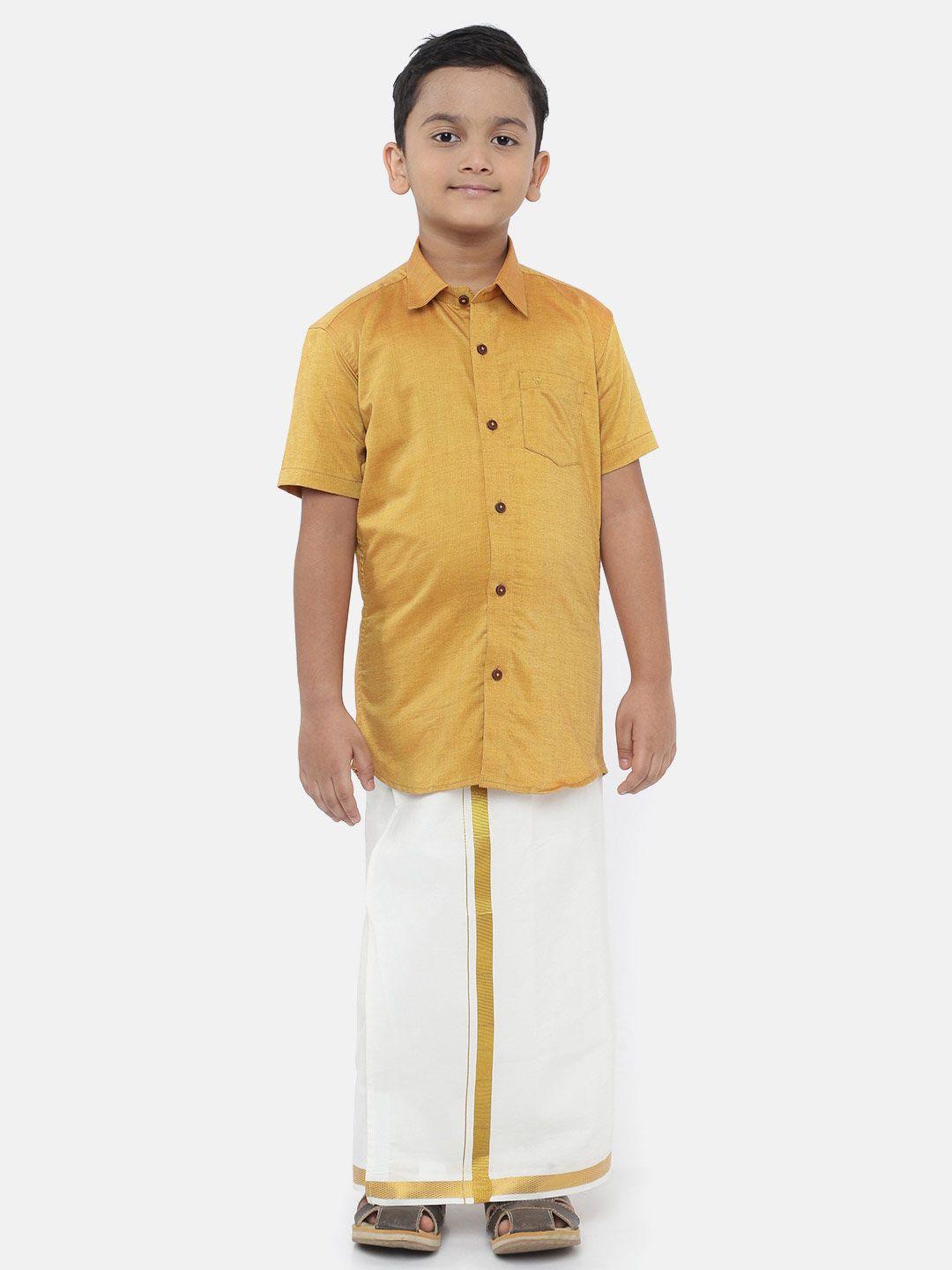 ramraj boys gold-toned & white shirt with dhoti