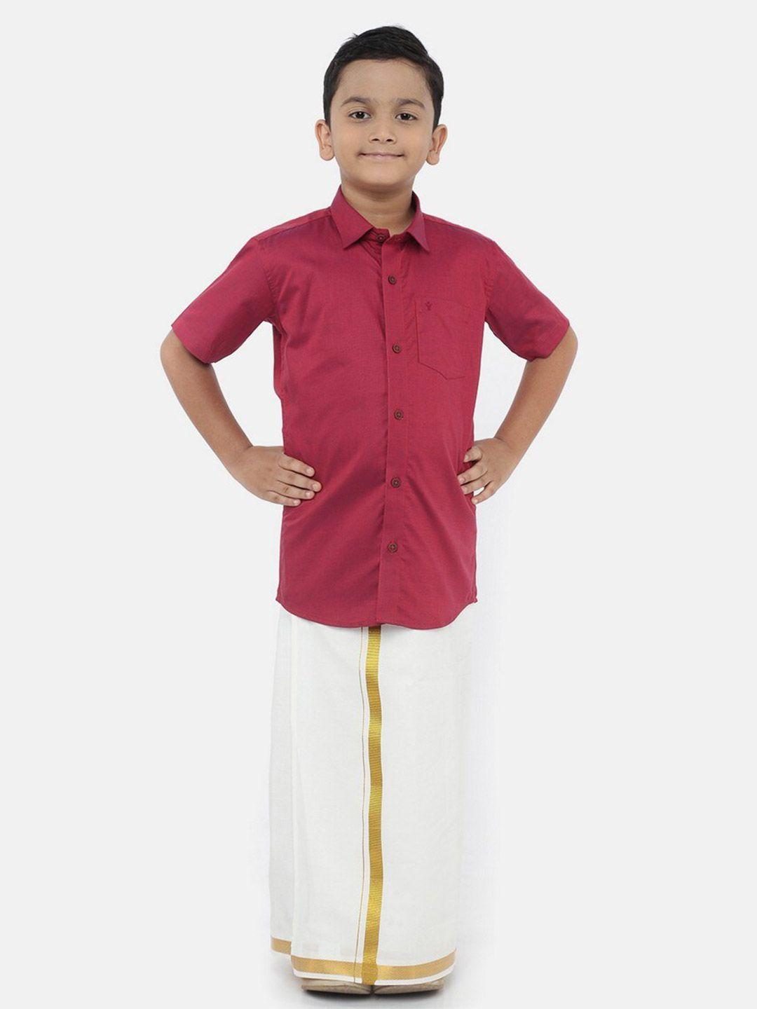 ramraj boys maroon & white pure cotton shirt with dhoti