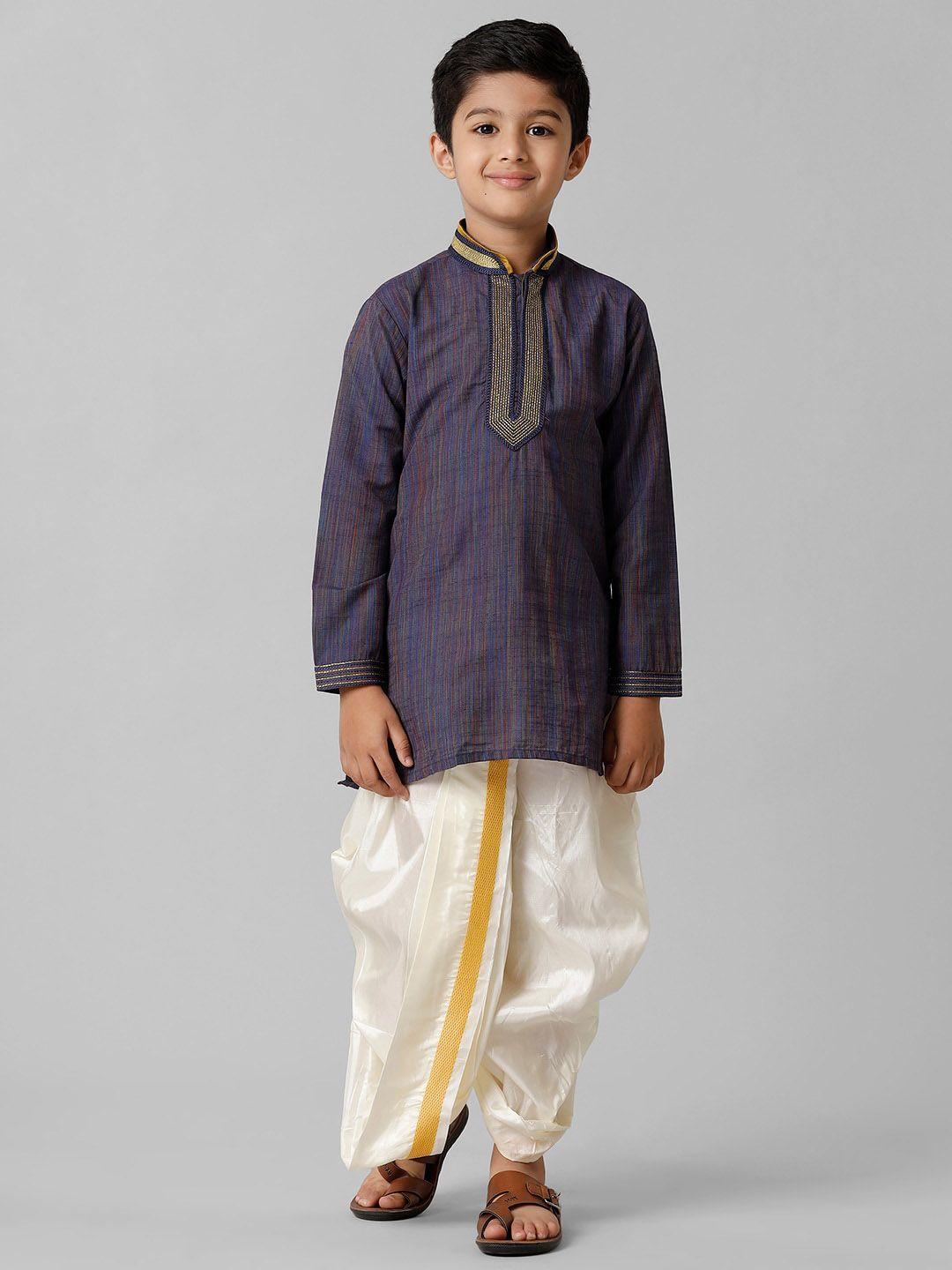 ramraj boys striped mandarin collar thread work straight kurta with dhoti pants