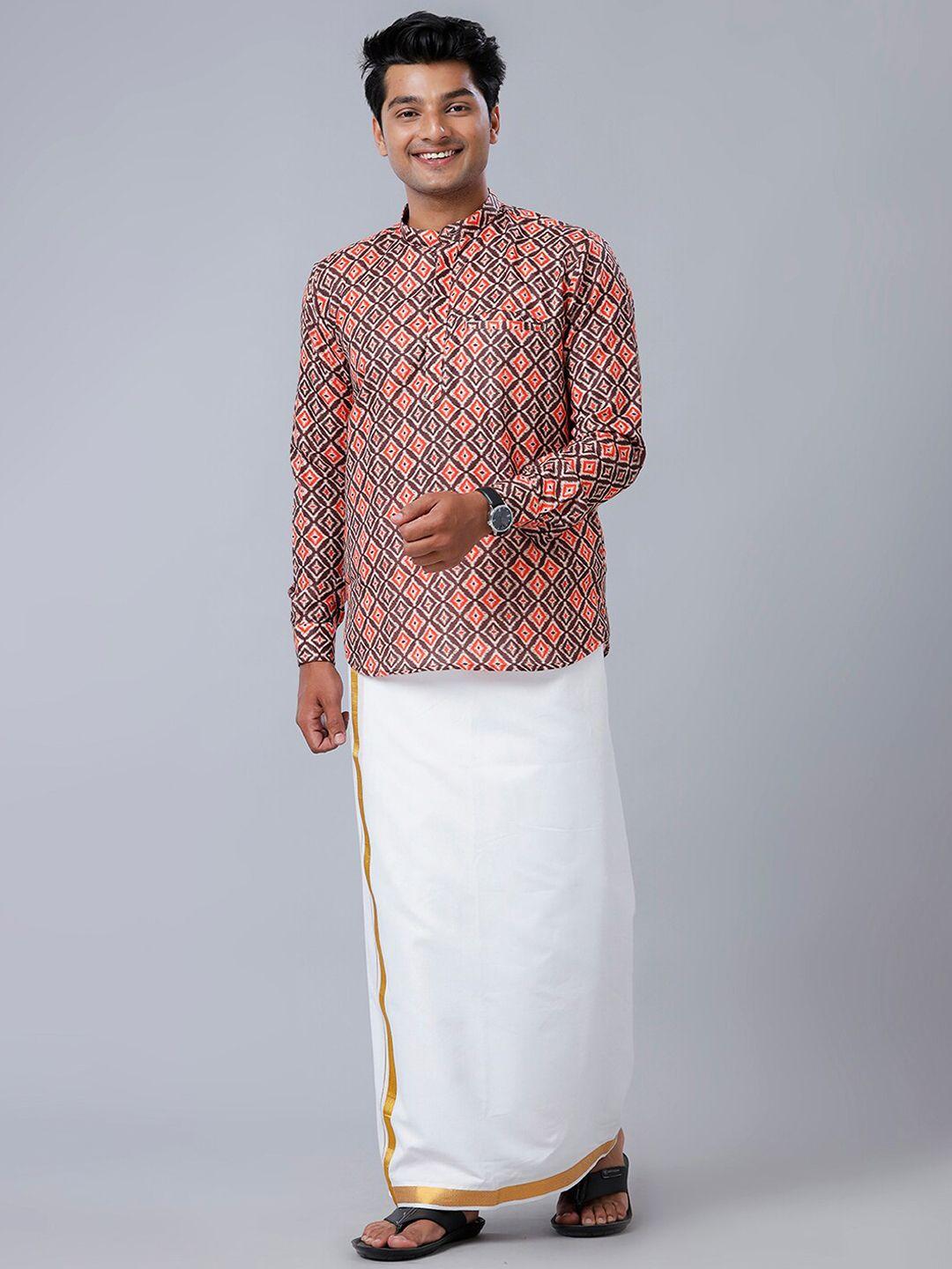 ramraj geometric printed mandarin collar long sleeve cotton straight kurta
