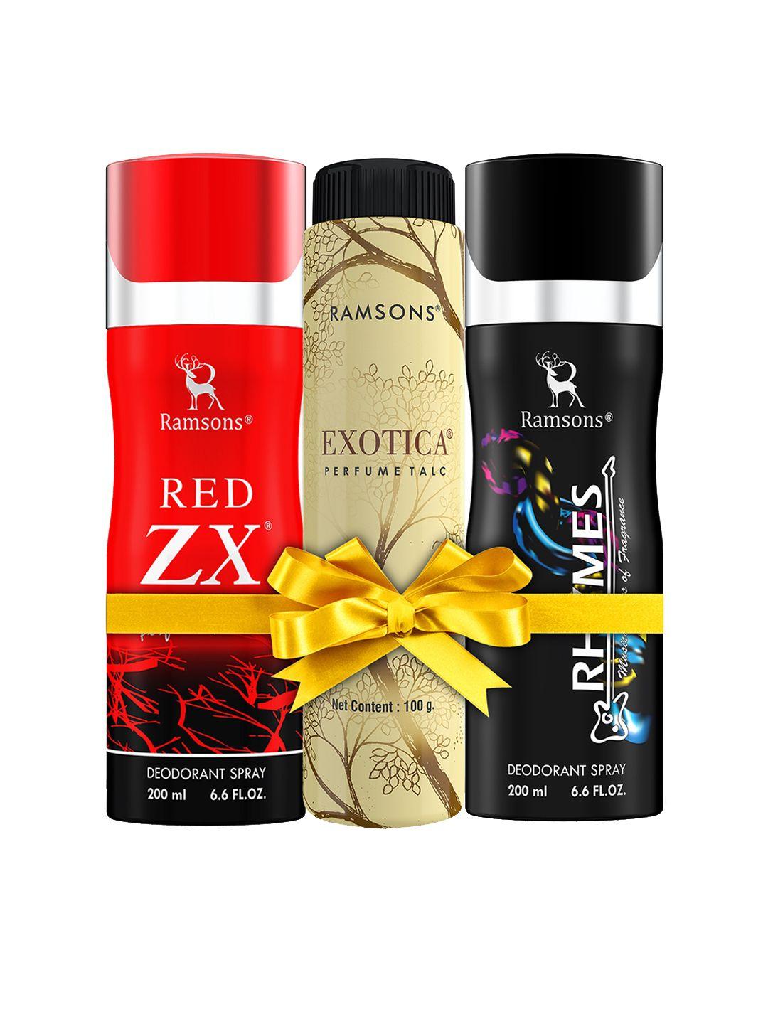 ramsons set of 2 deodorants 200ml each - red zx biker & rhymes with exotica talc 100g