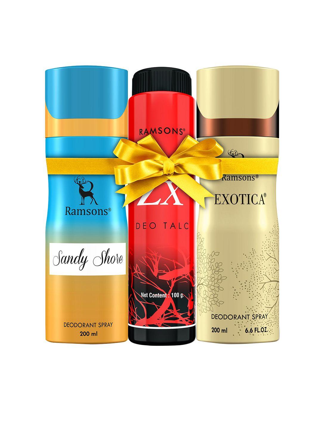 ramsons set of exotica deodorant 200 ml+sandy shore deodorant 200ml+red zx deo talc 100 g
