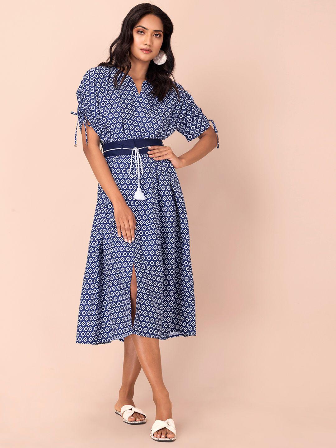 rang by indya blue ikat printed pleated a-line dress with cut-out