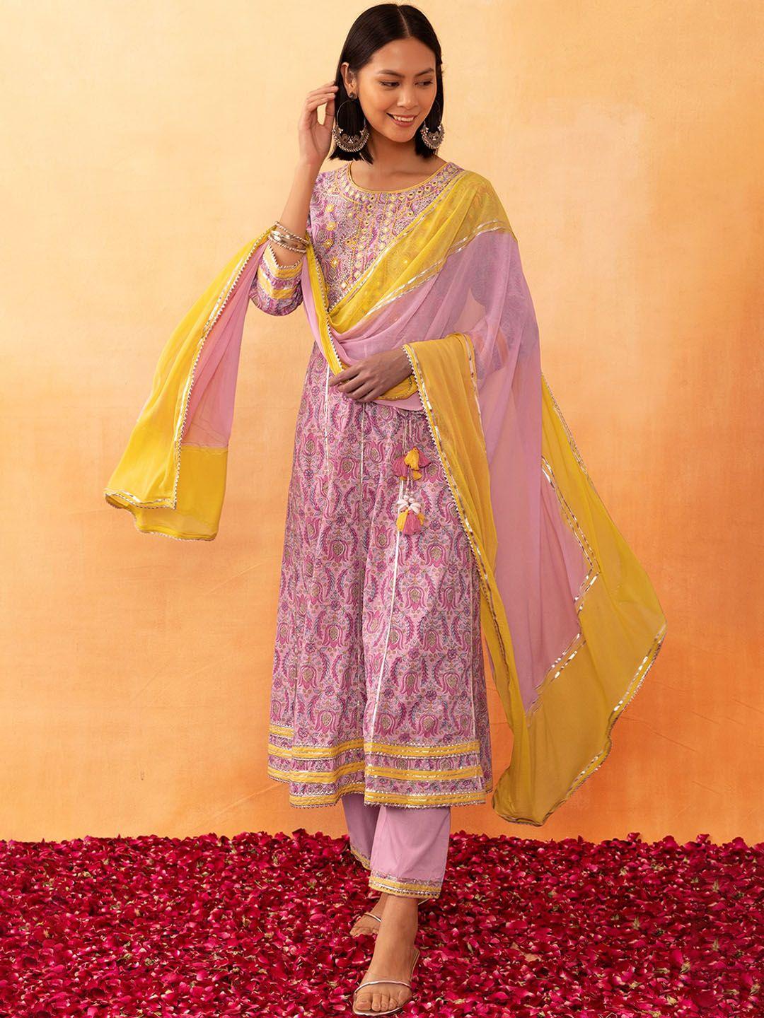 rang by indya ethnic motifs printed pure cotton a-line kurta with trouser & dupatta