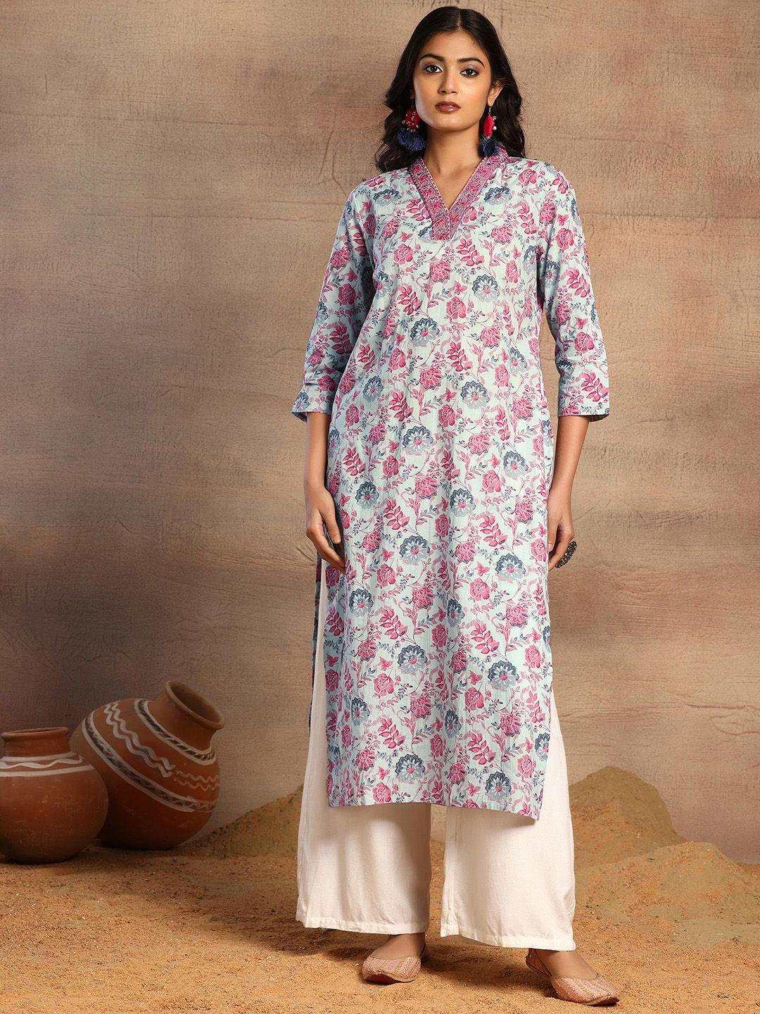 rang by indya women floral printed flared sleeves thread work kurta